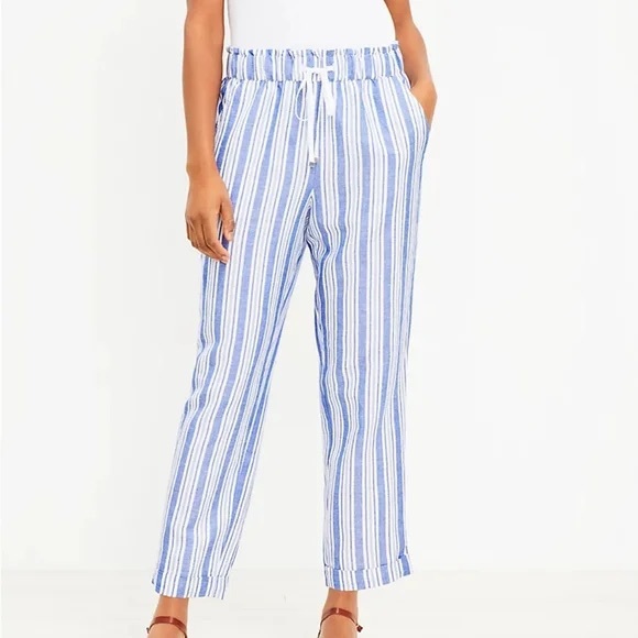 Loft Linen Striped Blue and White Women's Pants - Picture 1 of 8